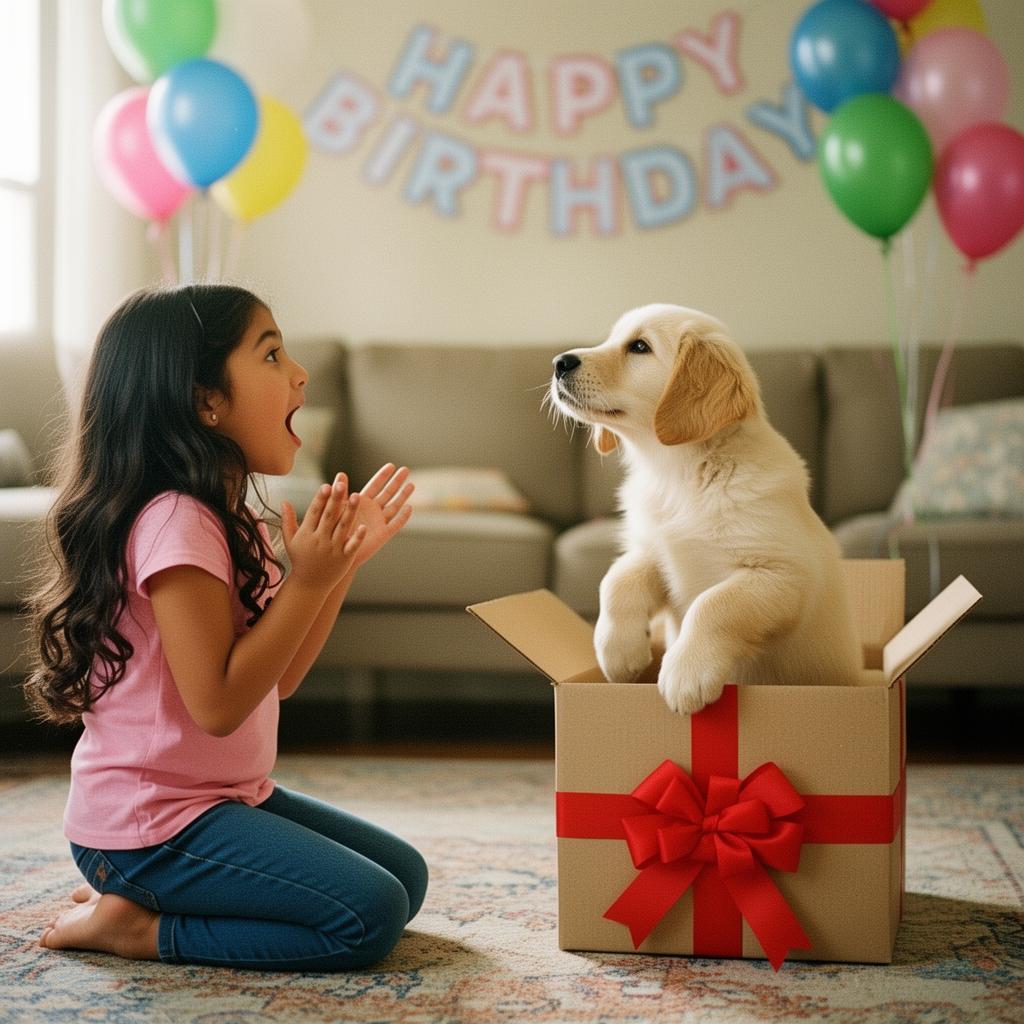 A little girl meeting her birthday puppy